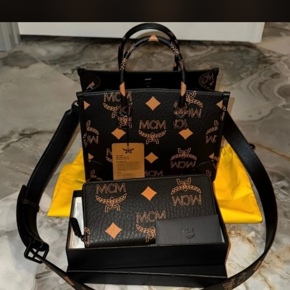 MCM Black and Tan bag with matching wallet